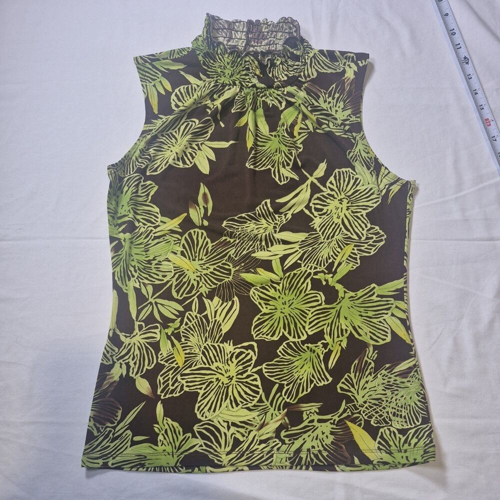 Sere Nade Women's blouse, Sleeveless, Size S, Green and Brown floral design.